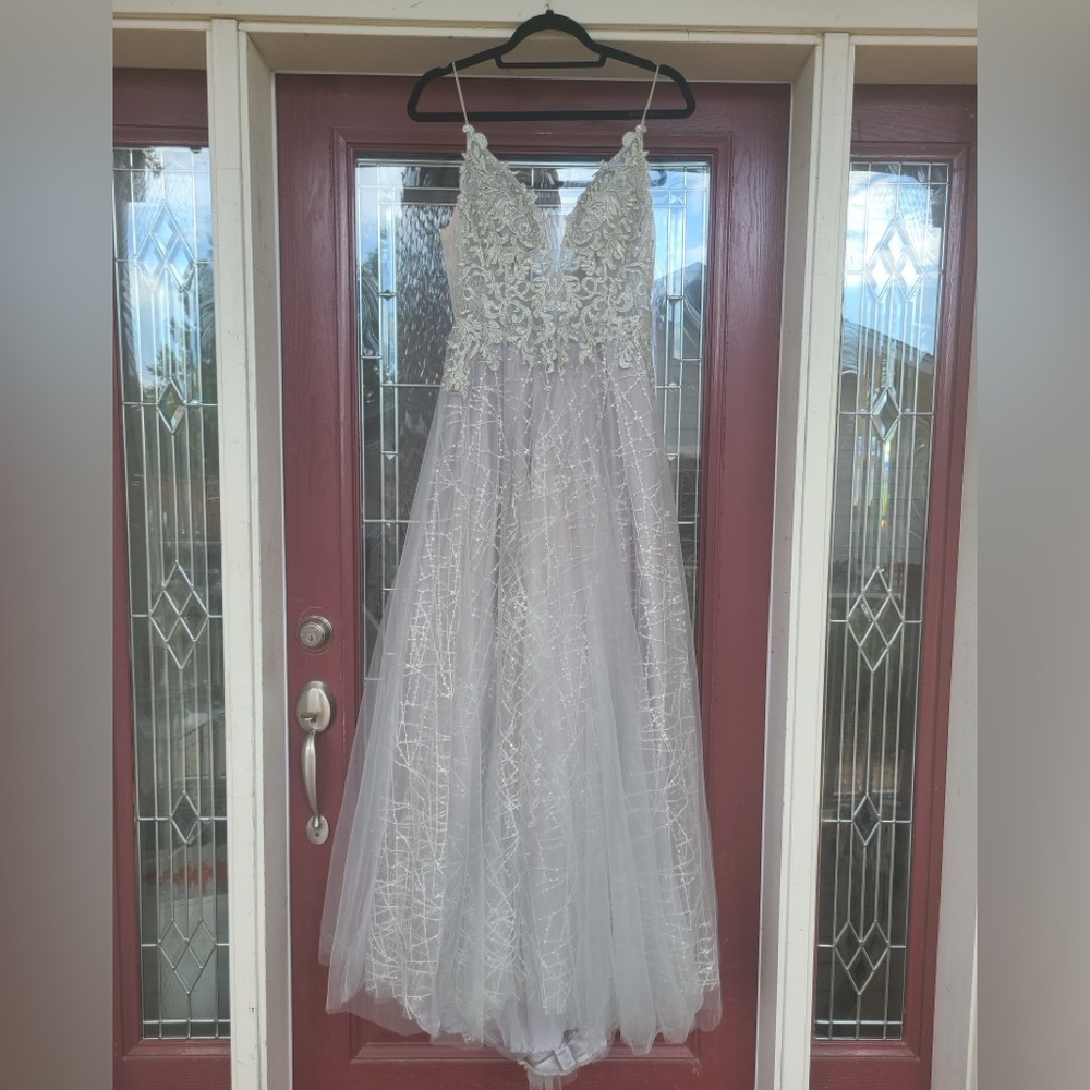 Juliet Sheer Embroidered Sequin Bodice Dress/ A Line Wedding Dress silver- blue